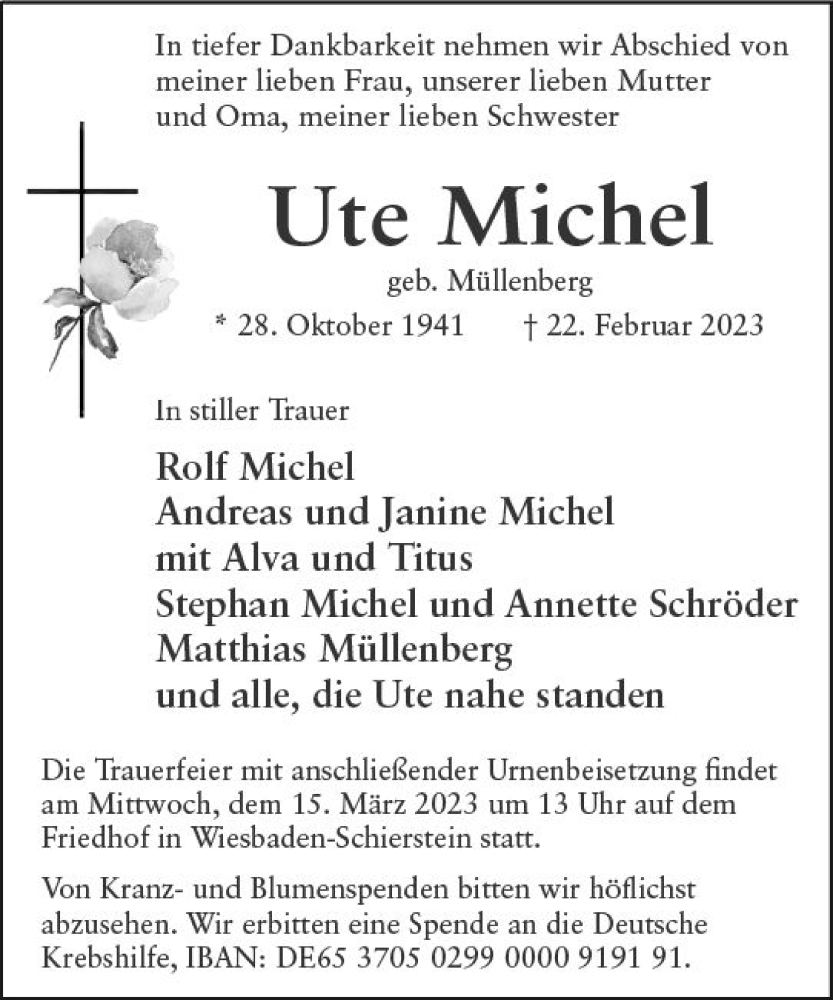  Traueranzeige für Ute Michel vom 11.03.2023 aus Wiesbadener Kurier