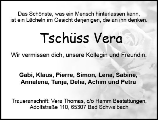 Traueranzeige von Vera  von Wiesbadener Kurier