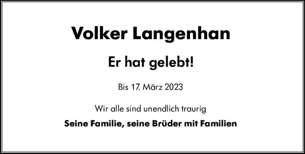  Traueranzeige für Volker Langenhan vom 28.03.2023 aus VRM Trauer