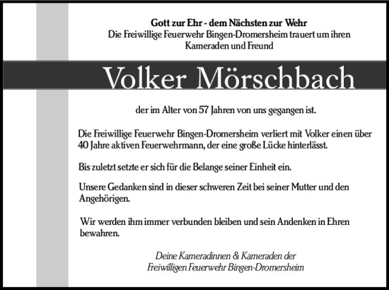 Traueranzeige von Volker Mörschbach von Allgemeine Zeitung Bingen/Ingelheim