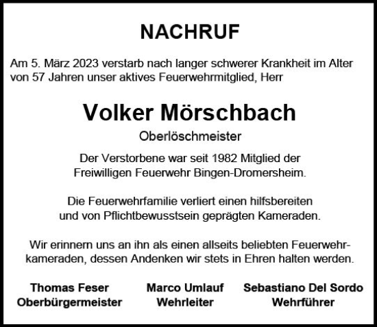Traueranzeige von Volker Mörschbach von Allgemeine Zeitung Bingen/Ingelheim