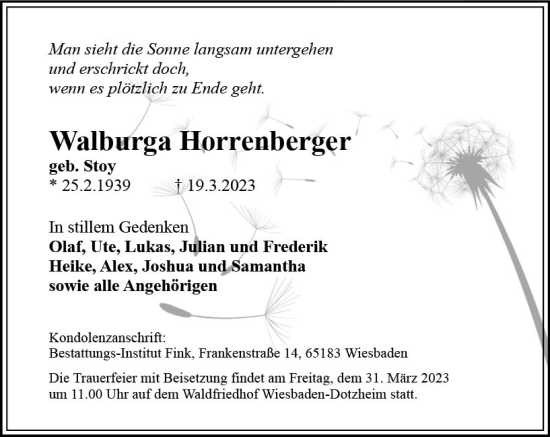 Traueranzeige von Walburga Horrenberger von Wiesbadener Kurier