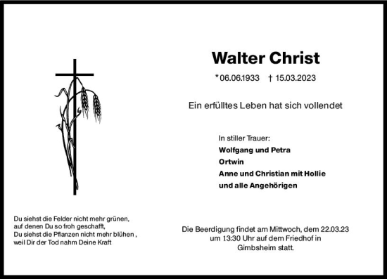 Traueranzeige von Walter Christ von Wormser Zeitung