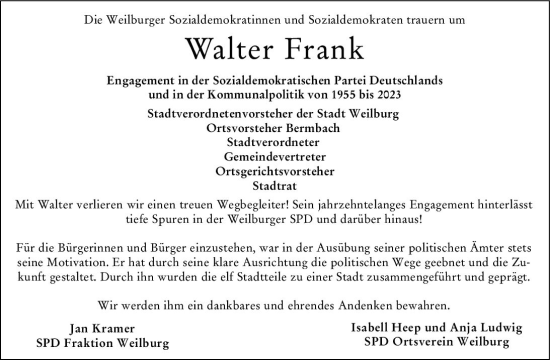 Traueranzeige von Walter Frank von Weilburger Tageblatt