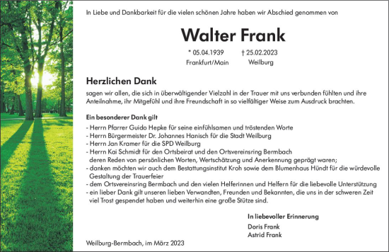 Traueranzeige von Walter Frank von Weilburger Tageblatt