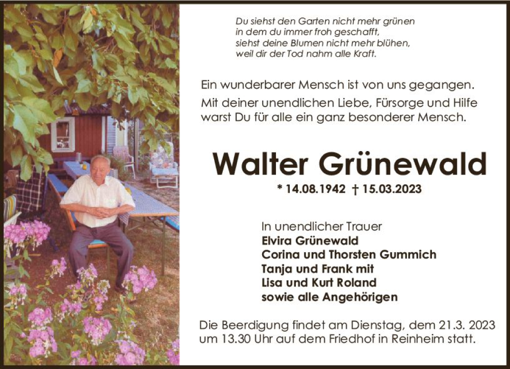  Traueranzeige für Walter Grünewald vom 18.03.2023 aus Darmstädter Echo