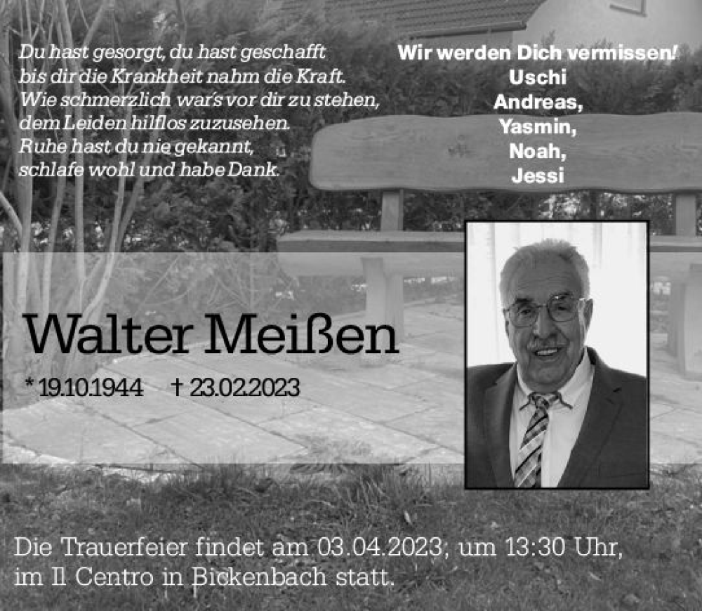  Traueranzeige für Walter Meißen vom 18.03.2023 aus Darmstädter Echo