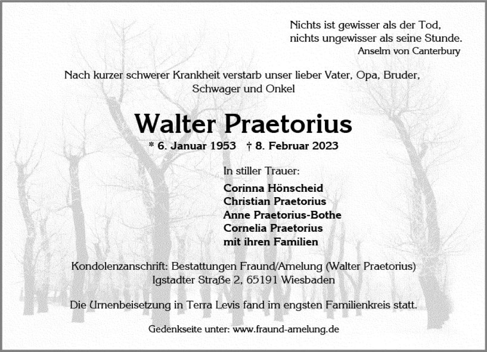  Traueranzeige für Walter Praetorius vom 04.03.2023 aus Wiesbadener Kurier