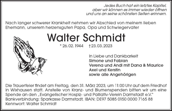 Traueranzeige von Walter Schmidt von Darmstädter Echo