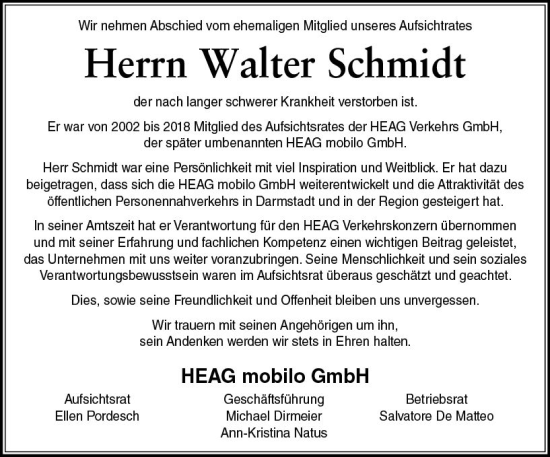 Traueranzeige von Walter Schmidt von Darmstädter Echo