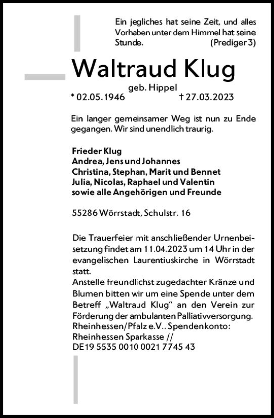 Traueranzeige von Waltraud Klug von Allgemeine Zeitung Alzey