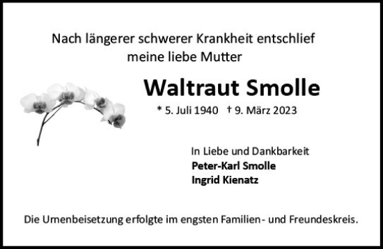 Traueranzeige von Waltraut Smolle von Allgemeine Zeitung Mainz