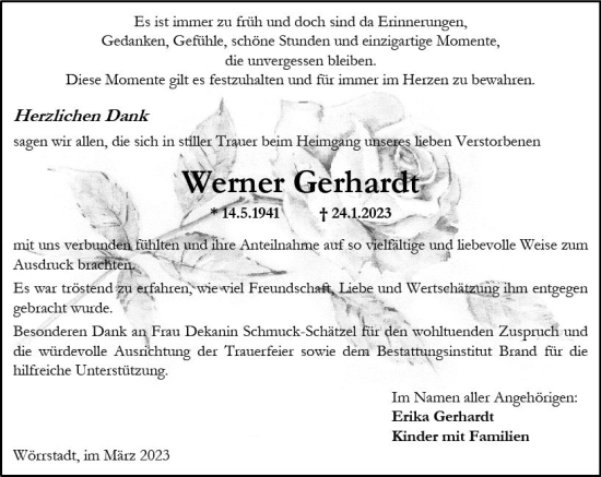 Traueranzeige von Werner Gerhardt von Allgemeine Zeitung Alzey