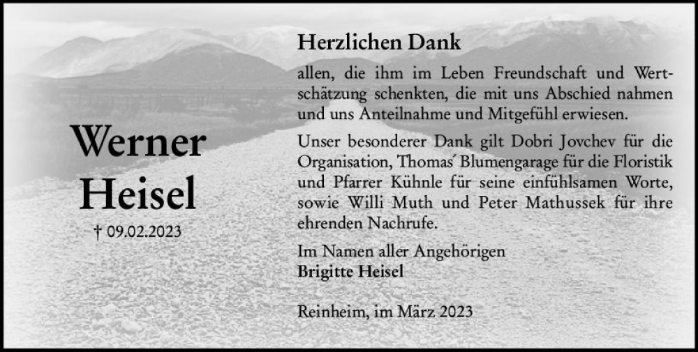  Traueranzeige für Werner Heisel vom 18.03.2023 aus Darmstädter Echo