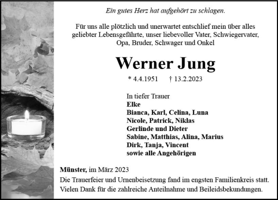 Traueranzeige von Werner Jung von Camberger Anzeiger