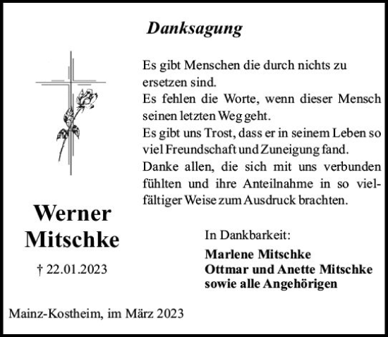Traueranzeige von Werner Mitschke von Allgemeine Zeitung Mainz