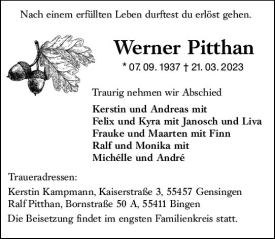 Traueranzeige von Werner Pitthan von Allgemeine Zeitung Bingen/Ingelheim