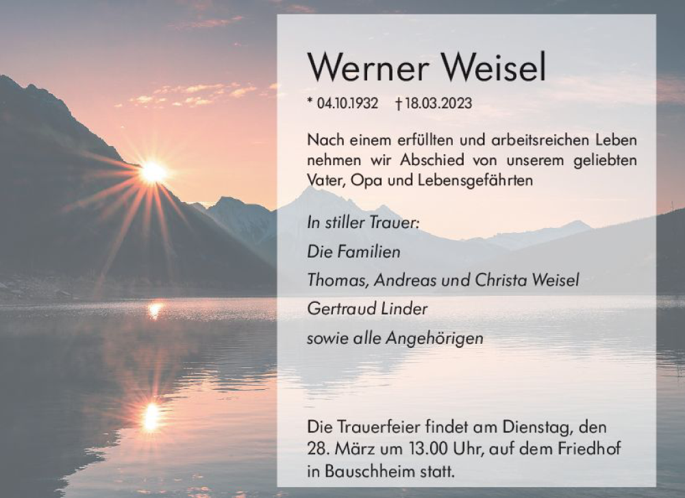  Traueranzeige für Werner Weisel vom 24.03.2023 aus Rüsselsheimer Echo