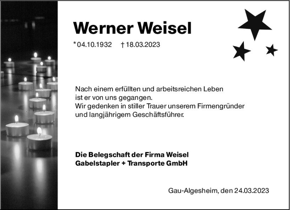  Traueranzeige für Werner Weisel vom 24.03.2023 aus Allgemeine Zeitung Bingen/Ingelheim