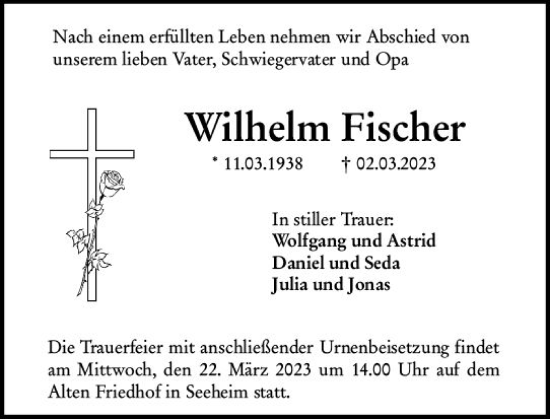 Traueranzeige von Wilhelm Fischer von Darmstädter Echo