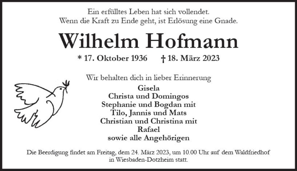 Traueranzeigen von Wilhelm Hofmann www.vrmtrauer.de