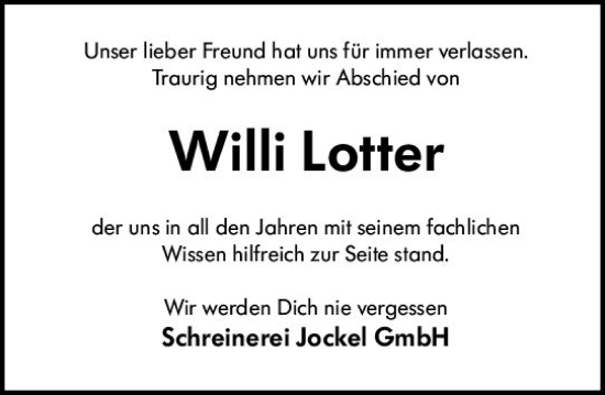 Traueranzeige von Willi Lotter von Groß-Gerauer Echo