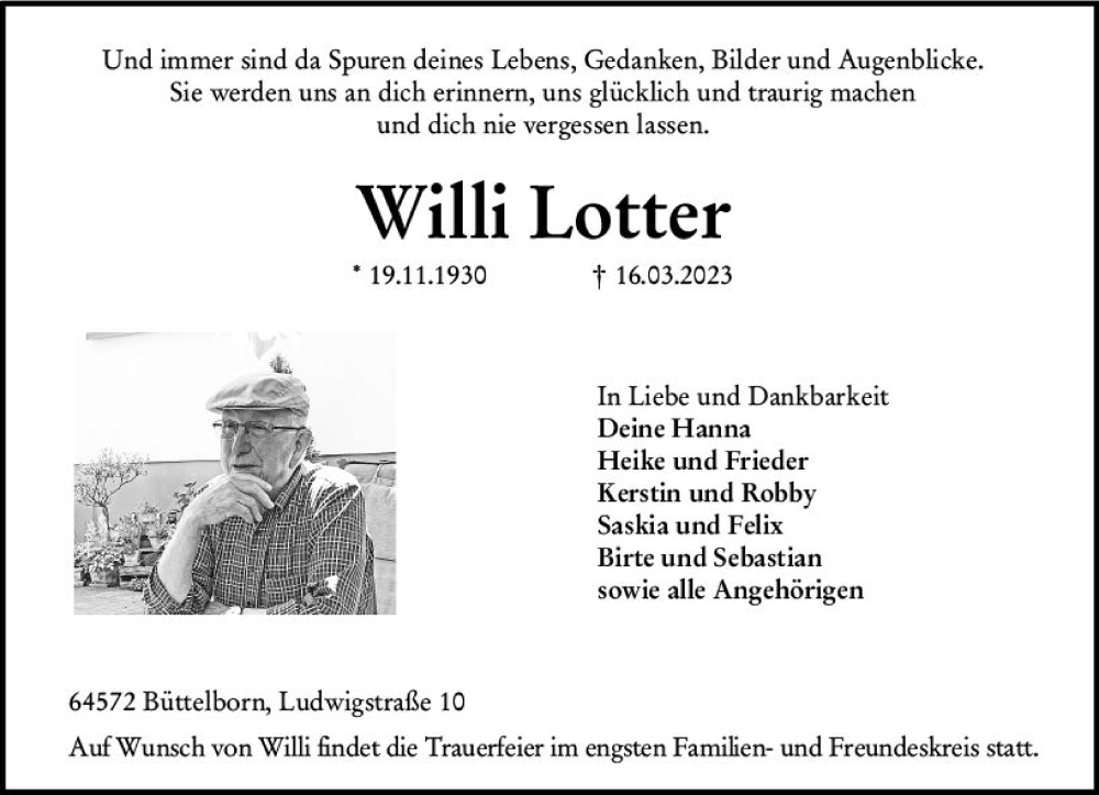  Traueranzeige für Willi Lotter vom 25.03.2023 aus Groß-Gerauer Echo