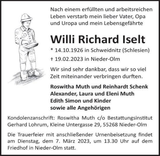 Traueranzeige von Willi Richard Iselt von Allgemeine Zeitung Mainz