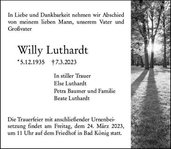 Traueranzeige von Willy Luthardt von Odenwälder Echo