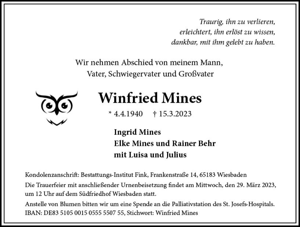  Traueranzeige für Winfried Mines vom 25.03.2023 aus Wiesbadener Kurier