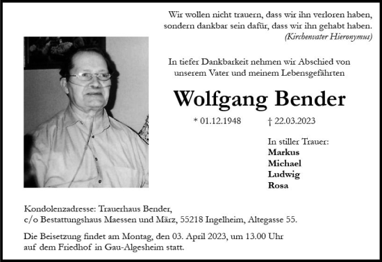 Traueranzeige von Wolfgang Bender von Allgemeine Zeitung Bingen/Ingelheim