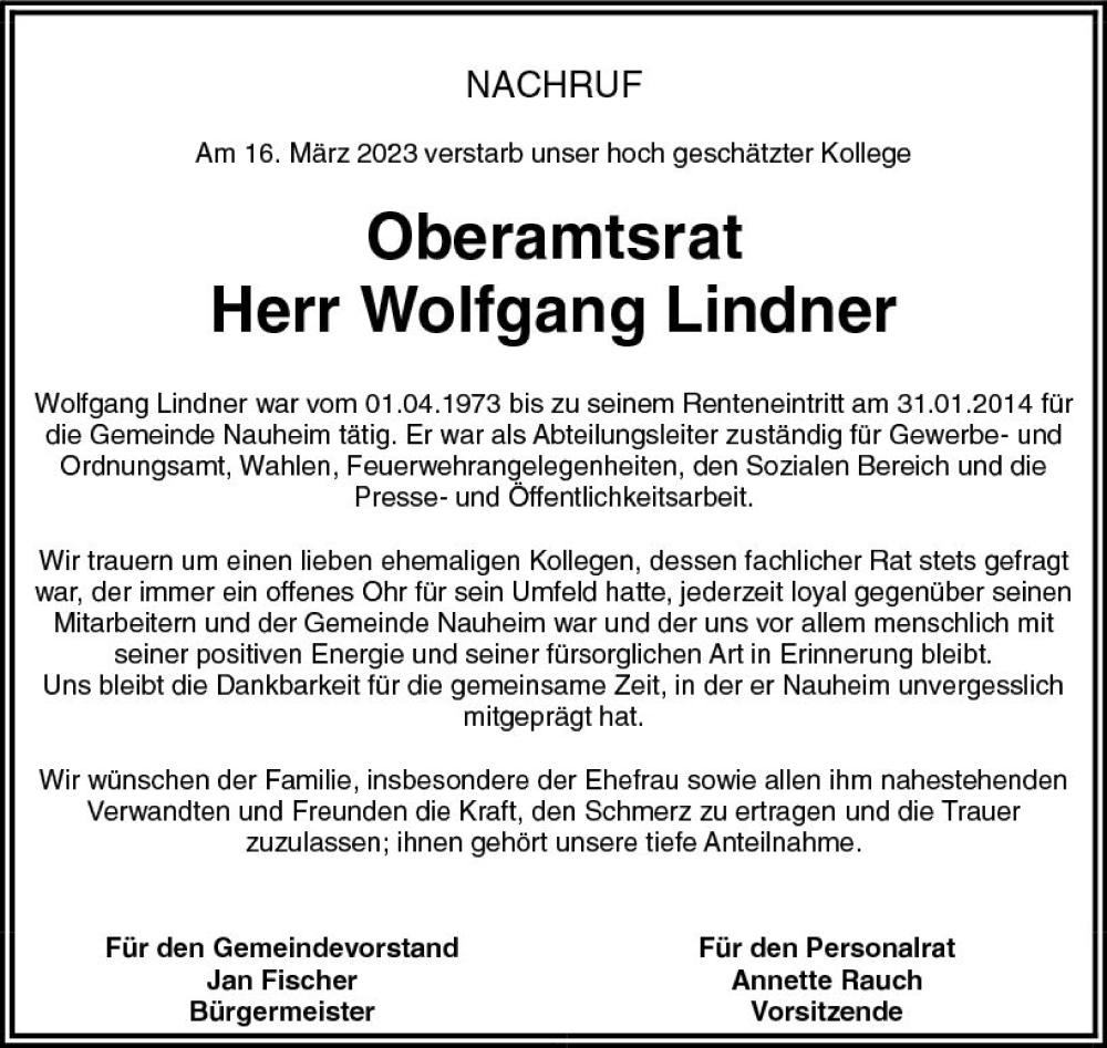  Traueranzeige für Wolfgang Lindner vom 25.03.2023 aus Rüsselsheimer Echo