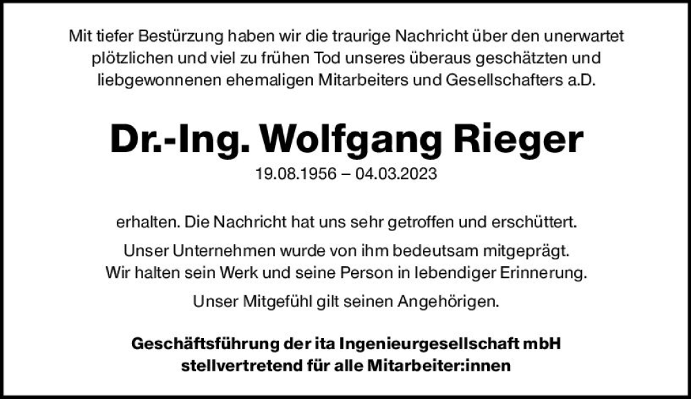  Traueranzeige für Wolfgang Rieger vom 11.03.2023 aus Wiesbadener Kurier