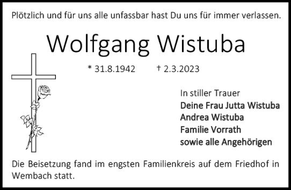  Traueranzeige für Wolfgang Wistuba vom 18.03.2023 aus Darmstädter Echo