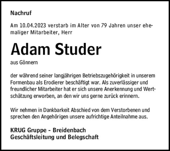 Traueranzeige von Adam Studer von Hinterländer Anzeiger