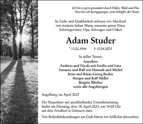 Traueranzeige von Adam Studer von Hinterländer Anzeiger