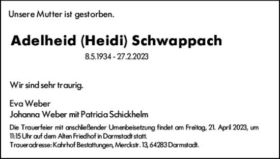 Traueranzeige von Adelheid Schwappach von Darmstädter Echo