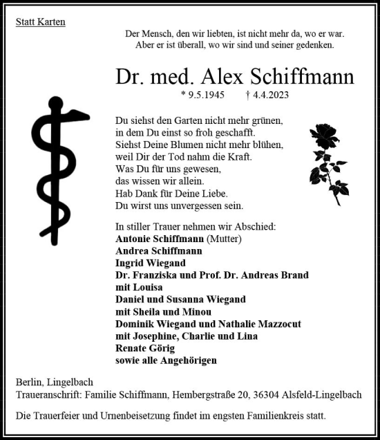 Traueranzeige von Alex Schiffmann von VRM Trauer