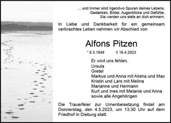 Traueranzeige von Alfons Pitzen von Dieburger Anzeiger/Groß-Zimmerner Lokal-Anzeiger