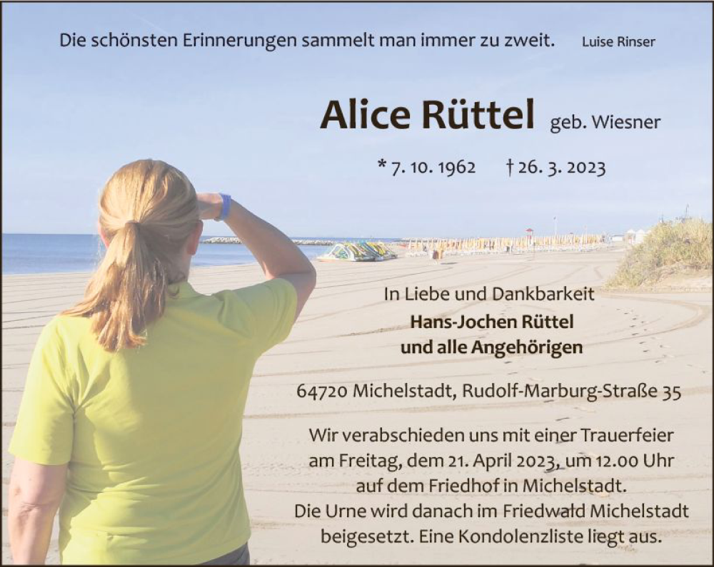  Traueranzeige für Alice Rüttel vom 08.04.2023 aus Odenwälder Echo