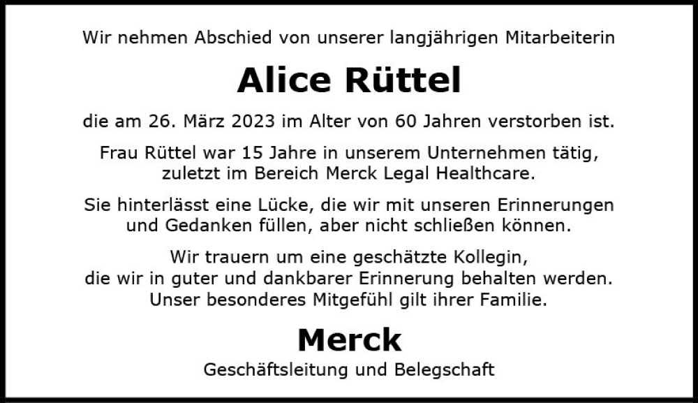  Traueranzeige für Alice Rüttel vom 08.04.2023 aus Darmstädter Echo