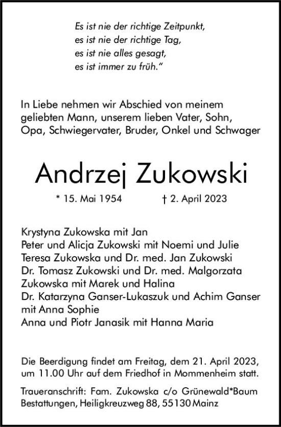 Traueranzeige von Andrzej Zukowski von Allgemeine Zeitung Mainz