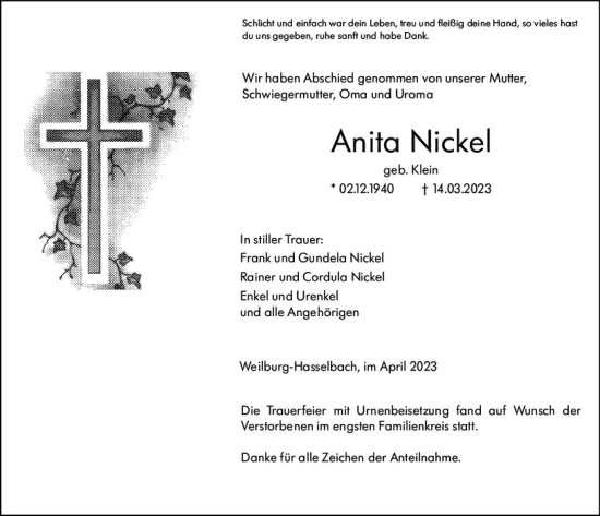 Traueranzeige von Anita Nickel von Weilburger Tageblatt