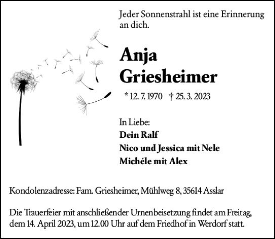 Traueranzeige von Anja Griesheimer von Wetzlarer Neue Zeitung