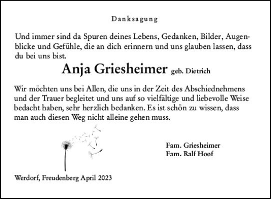 Traueranzeige von Anja Griesheimer von Wetzlarer Neue Zeitung