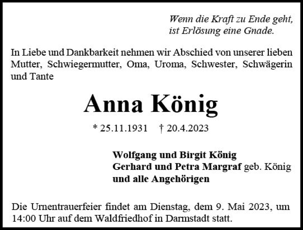  Traueranzeige für Anna König vom 29.04.2023 aus Darmstädter Echo