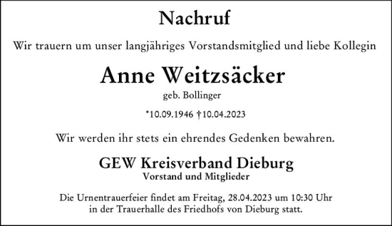 Traueranzeige von Anne Weitzsäcker von Dieburger Anzeiger/Groß-Zimmerner Lokal-Anzeiger