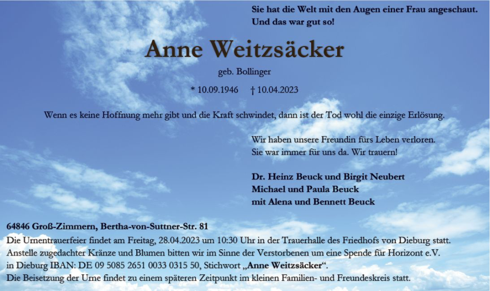  Traueranzeige für Anne Weitzsäcker vom 22.04.2023 aus Darmstädter Echo