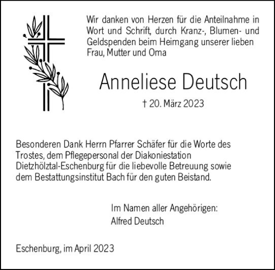 Traueranzeige von Anneliese Deutsch von Dill Block