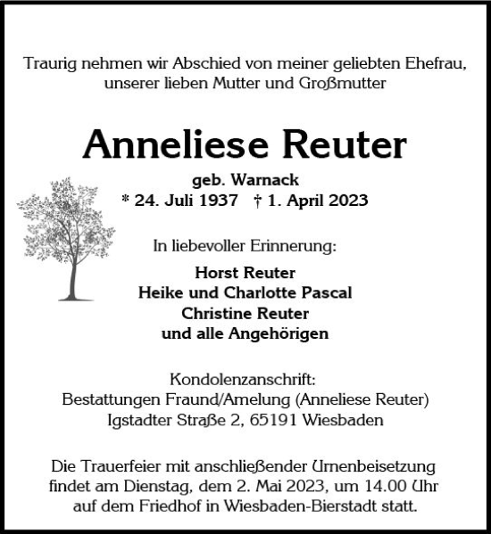 Traueranzeige von Anneliese Reuter von Wiesbadener Kurier
